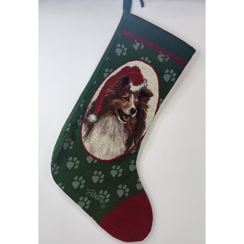 Linda Pickens Sheltie Sheep Dog Christmas Stocking Tapestry 18" Green Burgundy